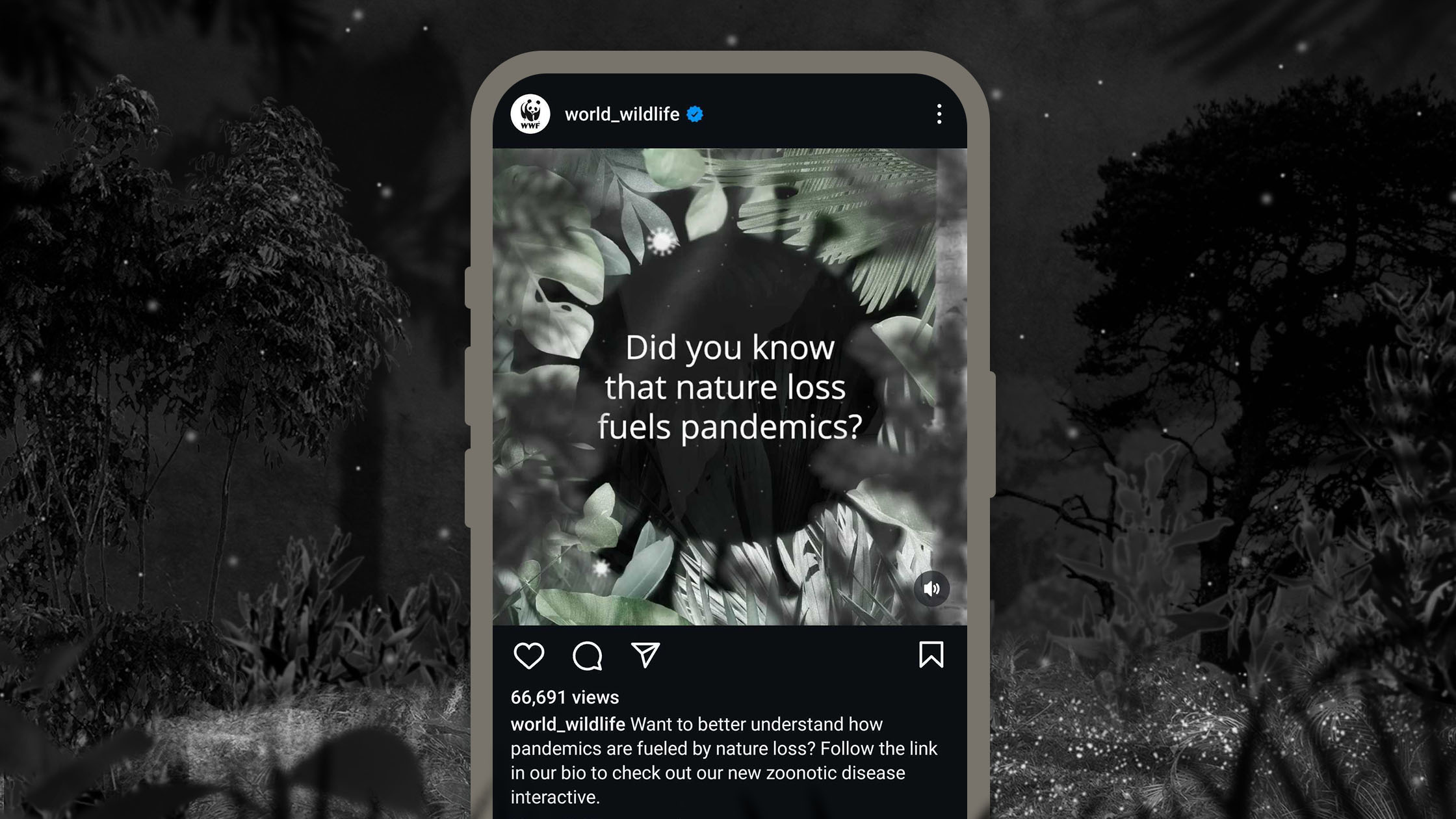 A smartphone screen displays an Instagram post by "world_wildlife." It features an image of dense foliage with the text overlay: "Did you know that nature loss fuels pandemics?" The caption encourages viewers to learn more about the connection between nature loss and diseases.
