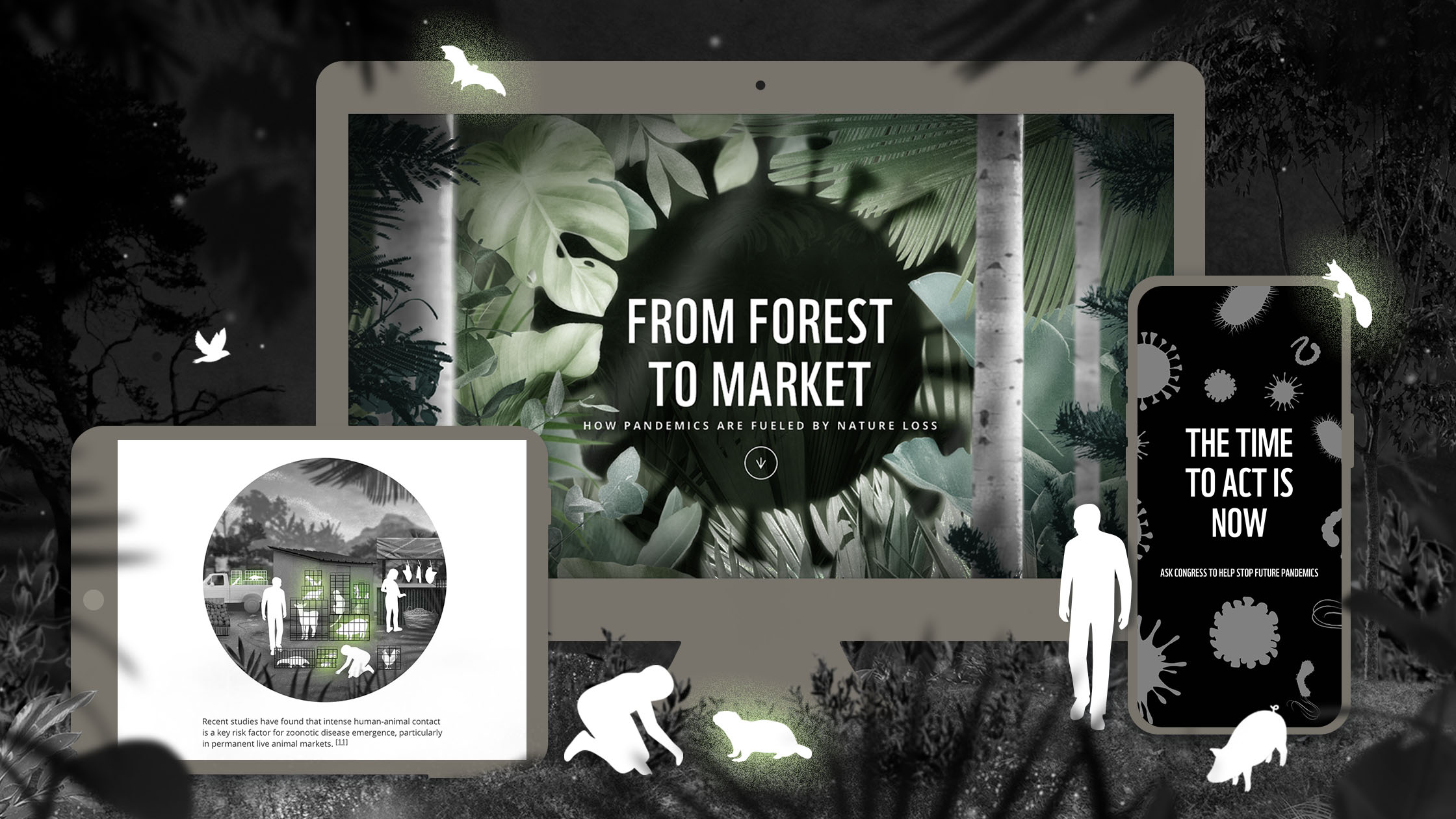 A stylized image shows a computer screen, tablet, and smartphone displaying nature-themed graphics. Central text on the computer screen reads, "From Forest to Market," while the phone displays, "The Time to Act Is Now." Silhouettes of animals and trees decorate the scene.