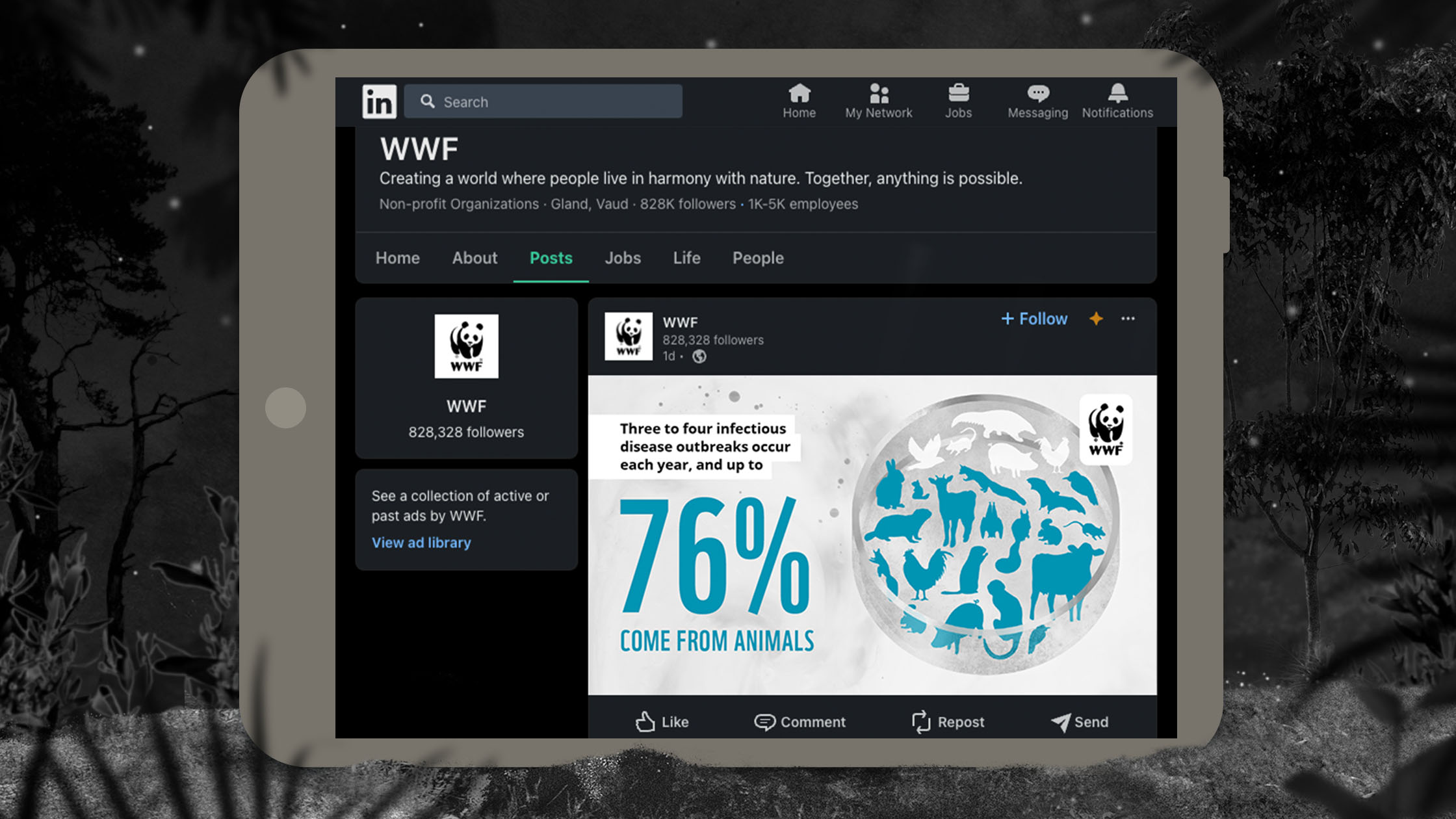 A smartphone screen displays a LinkedIn page for WWF. The post shown states, "Three to four infectious disease outbreaks occur each year, and 75% come from animals," accompanied by an illustration of animals around a globe in blue color.