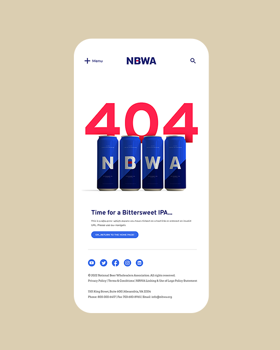 404 page on a mobile site with the message "Time for a Bittersweet IPA..." displayed. Four blue beer cans form the numbers "404" with the middle can showing the NBWA logo. The page includes a search bar, social media icons, and contact information.