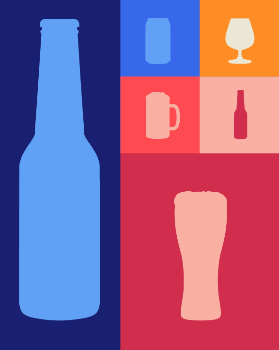 Image featuring a large blue silhouette of a bottle taking up the left side. The right side is divided into six colorful sections, each containing simplified silhouettes of various drinkware: a can, wine glass, beer mug, bottle, pint glass, and another bottle.