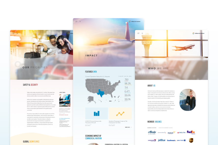 A webpage collage showing sections from a company's website. Highlighted areas include "Our Priorities" with a focus on safety and security, "Impact" featuring data and a U.S. map, and "Who We Are" with company background information and logos of partner airlines.