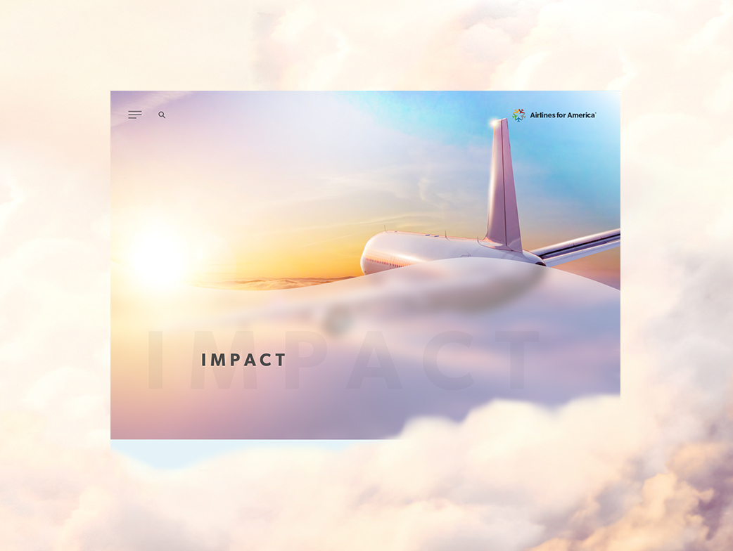 A website banner displays an airplane wing and tail above the clouds during sunrise, emphasizing a serene, golden sky. The text "IMPACT" is subtly overlaid on the image. The webpage header reads "Airlines for America.