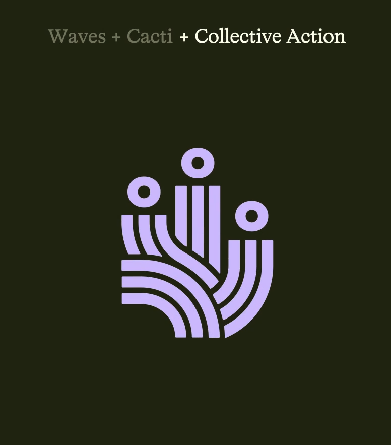 A graphic against a dark background featuring the stylized text "Waves + Cacti + Collective Action" at the top. Below the text is a purple abstract logo with three circular shapes and curved lines converging towards the circles.