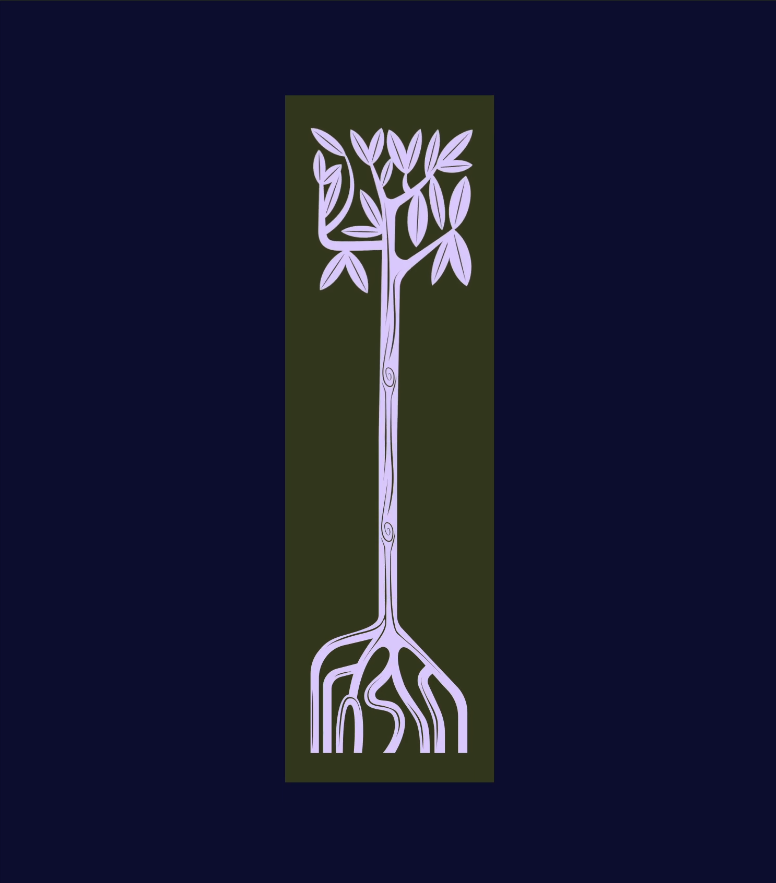 Stylized illustration of a tree with a tall, slender trunk, winding branches, and purple leaves on a dark blue background. The tree's roots are prominently visible, creating a symmetrical and balanced design.