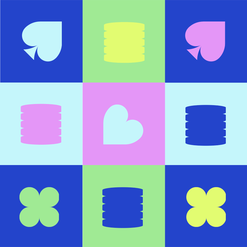 A colorful grid with nine squares, each containing a unique symbol. The colors are a mix of blue, green, pink, and light blue. Symbols include hearts, flower-like shapes, and cylindrical shapes with notches, in varying colors matching the backgrounds.