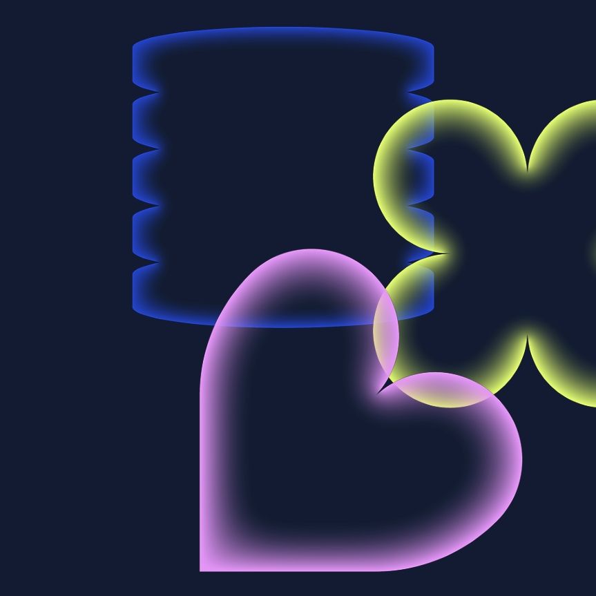 An abstract digital artwork featuring a glowing purple heart shape overlapping with a bright yellow butterfly shape. Behind them, there is a blue cylindrical object with a grooved pattern, all set against a dark background.