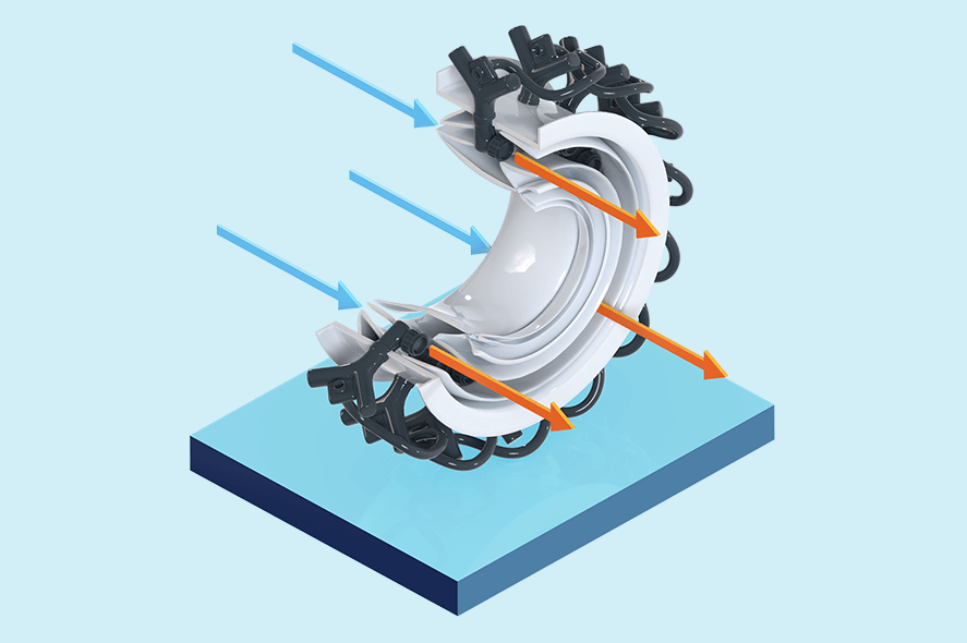 An illustration displaying a cross-section of a tire with various colored arrows. Blue arrows indicate airflow while orange arrows highlight a different directed flow. The tire is mounted on a blue platform, all set against a light blue background.