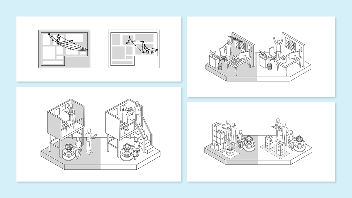 A set of four isometric illustrations depict different stages of a product lifecycle. They show design, prototyping, manufacturing, and marketing phases with people working on various tasks such as designing, assembling, and promoting products in each scene.