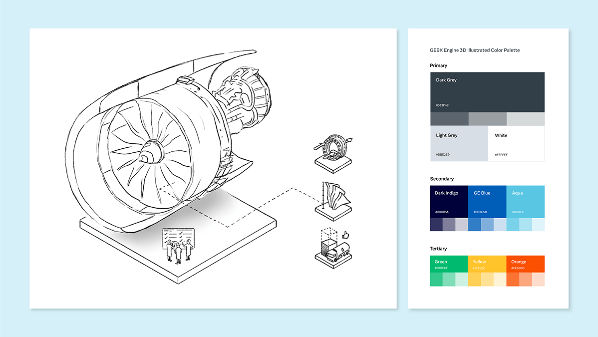 A technical blueprint of a jet engine, showcasing various components in a 3D illustration. Next to it is a color palette labeled "GEEX Engine 3D Illustrated Color Palette," featuring various shades of greys, blues, and tertiary colors like green, yellow, and orange.