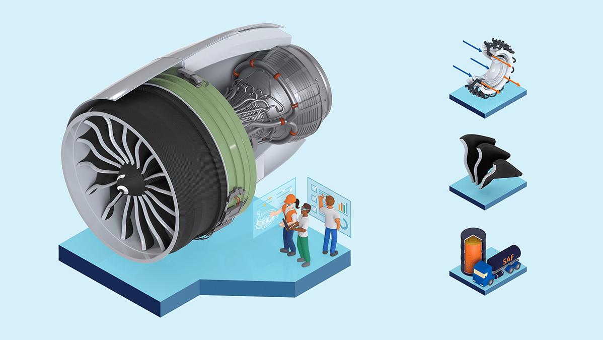 Illustration of an aircraft engine with a cutaway view showing internal components. Three engineers analyze the engine using a digital screen. To the right, icons depict various aviation technology elements on platforms, including a turbine, an airfoil, and a fuel gauge.