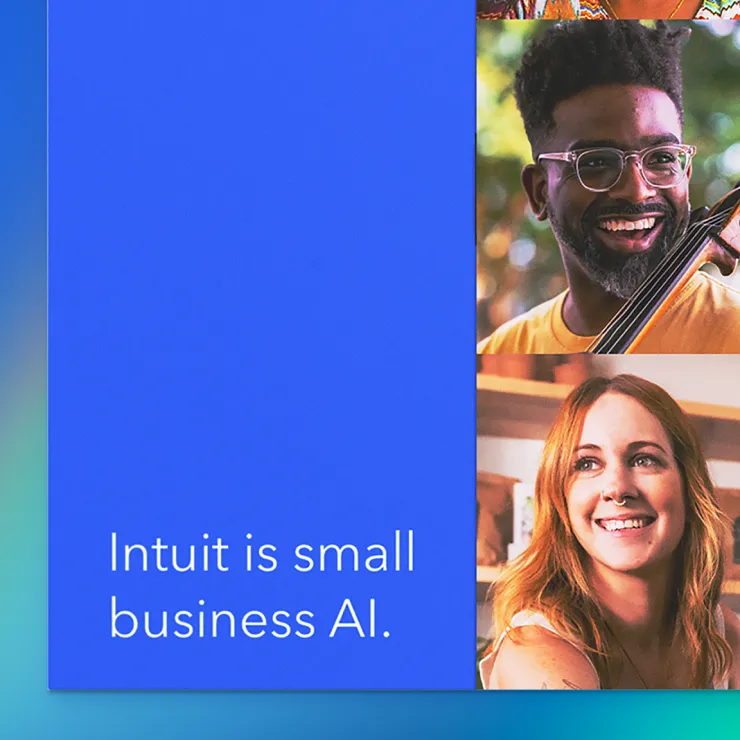 A blue background with white text on the left reads, "Intuit is small business AI." On the right, there are two photos: one of a smiling man wearing glasses playing a guitar outdoors, and another of a smiling woman with long hair and a nose ring indoors.