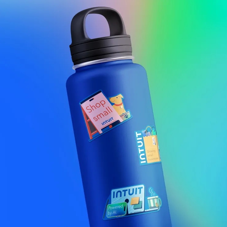 Image of a blue water bottle with several stickers on it. The stickers feature designs like "Shop Small," "Intuit," and a steam-emitting coffee cup icon, along with a shopping bag graphic reading "Powered by AI." The background is a gradient of blue and green.