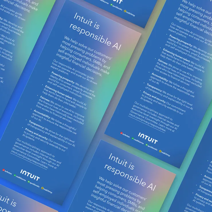 A visually-stylized image featuring multiple instances of a blue gradient background with white text that reads "Intuit is responsible AI" along with paragraphs detailing their commitment to helping customers make informed financial decisions using AI. The Intuit logo is at the bottom.