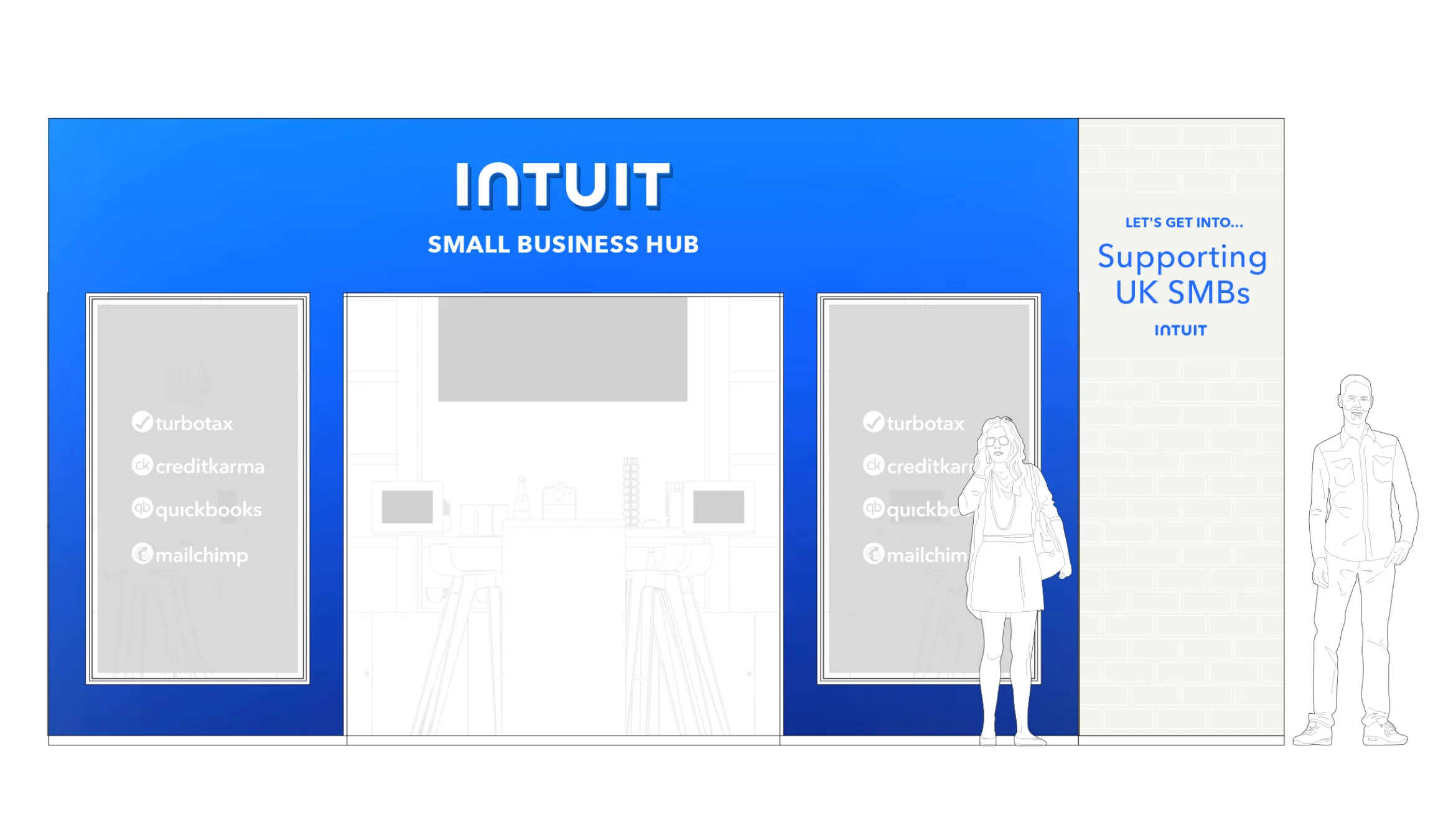 A storefront with a vibrant blue sign that reads "Intuit Small Business Hub." The window displays feature logos of Intuit services: Turbotax, Creditkarma, Quickbooks, and Mailchimp. Two outlined figures, a woman, and a man, stand near the entrance. Text on the right says, "Let's get into... Supporting UK SMBs Intuit.