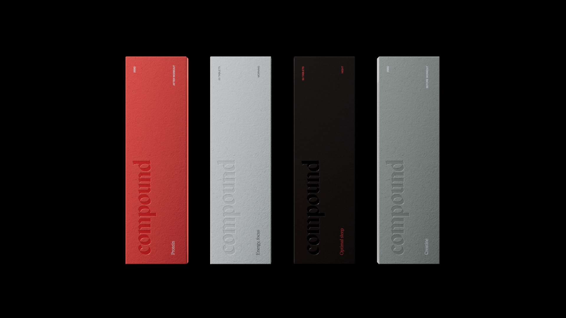 Four rectangular colored cards are displayed vertically on a black background. From left to right, the colors are red, light gray, black, and dark gray. Each card features the word "compound" embossed in lowercase letters, running down the length of the card.