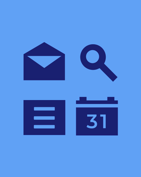 An image with four blue icons on a light blue background. The icons include an envelope (top-left), a magnifying glass (top-right), a document with three lines (bottom-left), and a calendar page with the number 31 (bottom-right).