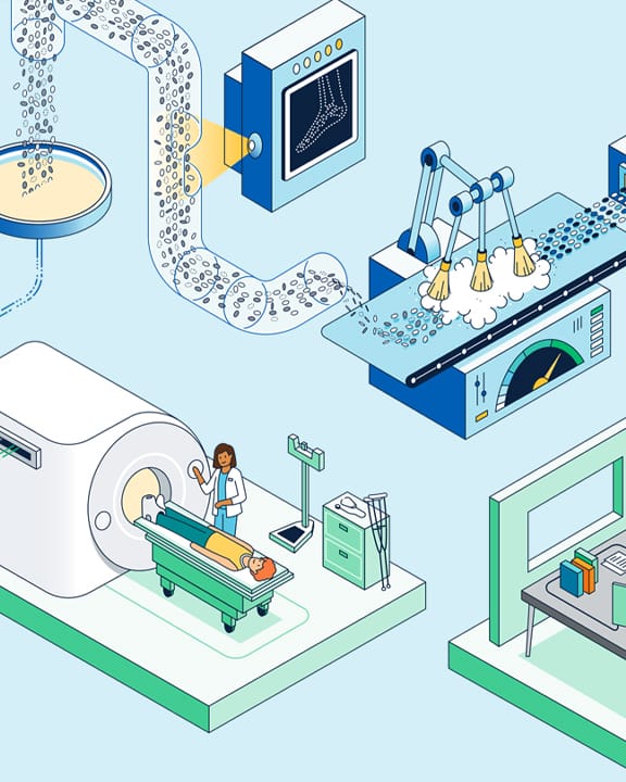 An illustration of various medical technologies: a CT scanner with a patient on the bed attended by a doctor, a machine for imaging foot bones, an automated arm in a medical lab, and lab equipment on a counter in a clinical setting.