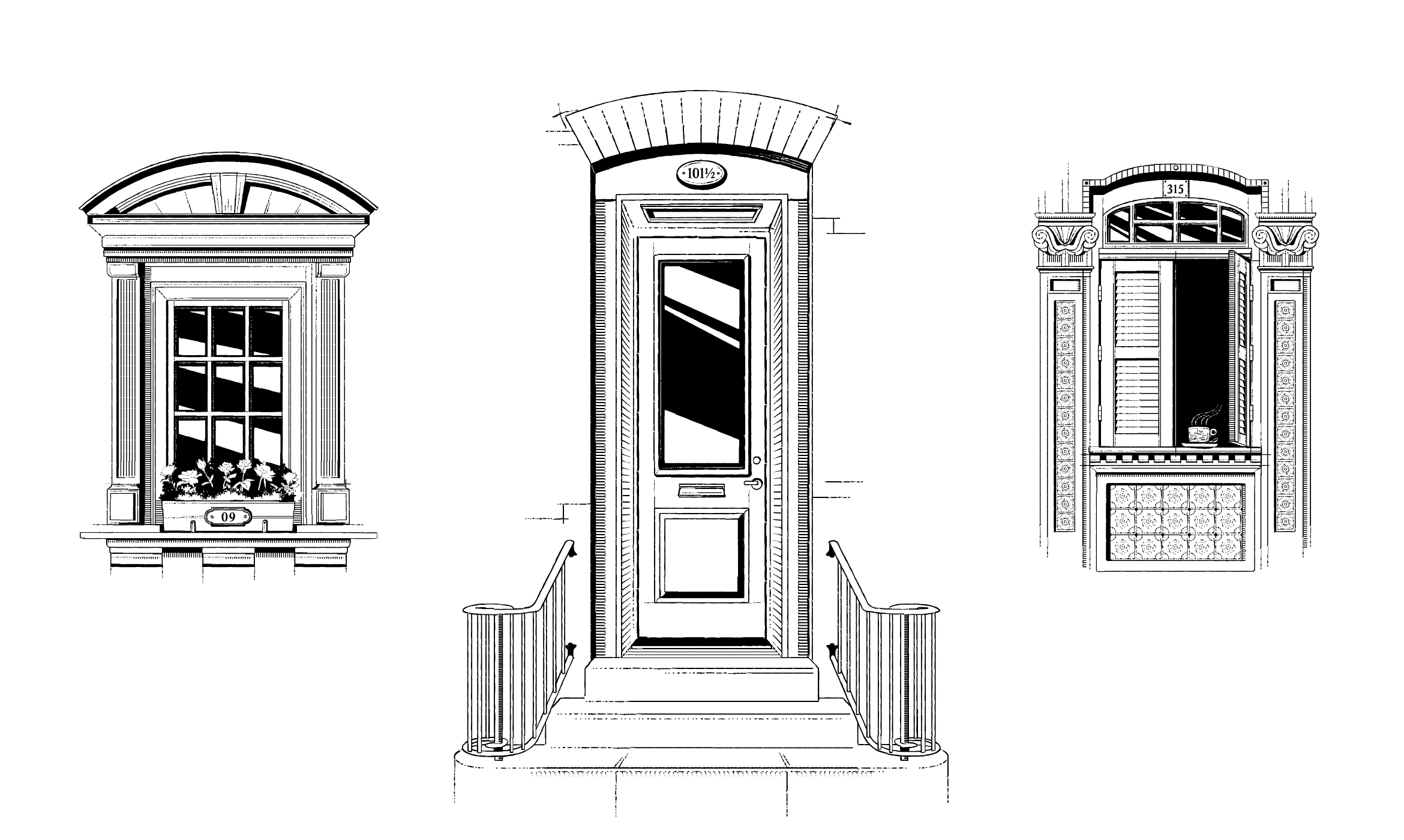 A black-and-white illustration features three classic architectural elements: on the left, a large arched window with flower boxes; in the middle, a detailed door with side railings; on the right, a narrower window with intricate decorative designs.