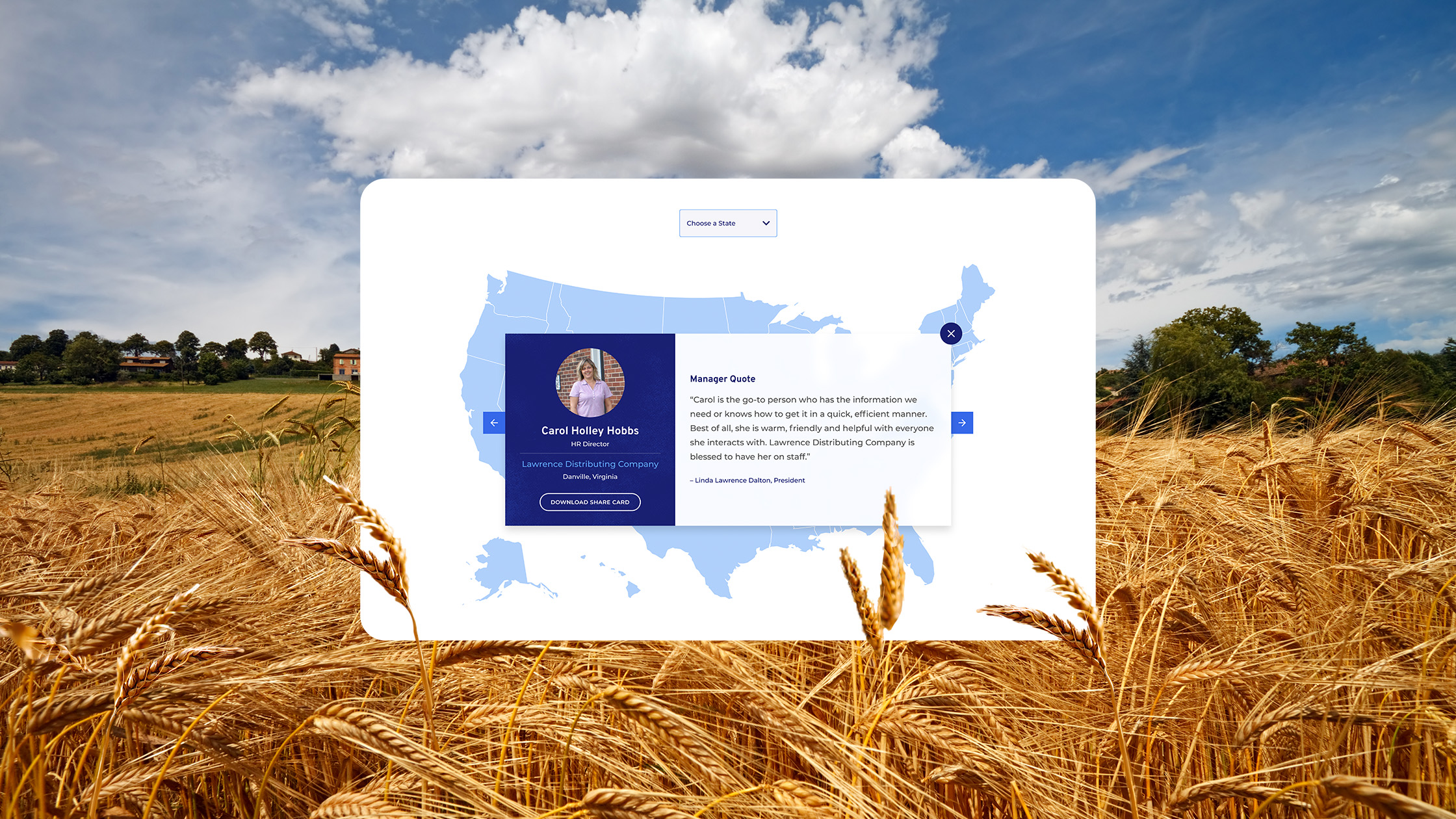 A digital interface is displayed on a backdrop of a golden wheat field under a blue sky. The interface shows a map of the United States with a highlighted profile for "Carol Holly Hoss" in blue, featuring a quote and two links at the bottom for leadership nominations.
