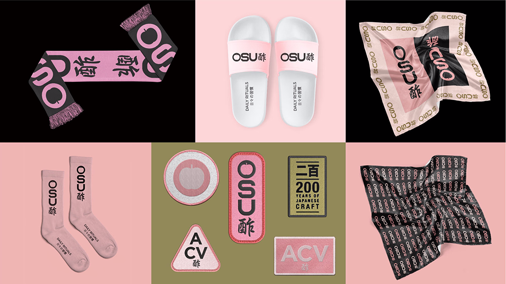 A collage of various OSU-themed merchandise: a pink and black scarf, white and pink slides, a pink and beige bandana, pink socks, a set of patches, and a black and brown bandana. The items are branded with "OSU" text, Japanese characters, and other decorative elements.