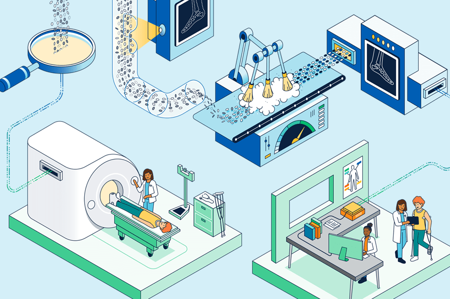 Illustration depicting stages in the sneaker manufacturing process: magnified material analysis, automated material cutting, robotic assembly of shoes, and quality testing in a lab. Includes a medical scan of a person in a lab setting.