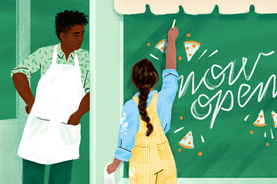 An individual in a white apron stands with hands in pockets, smiling at another person in a yellow apron drawing slices of pizza and writing "Now Open" on a green chalkboard. The scene suggests the opening of a restaurant or cafe.