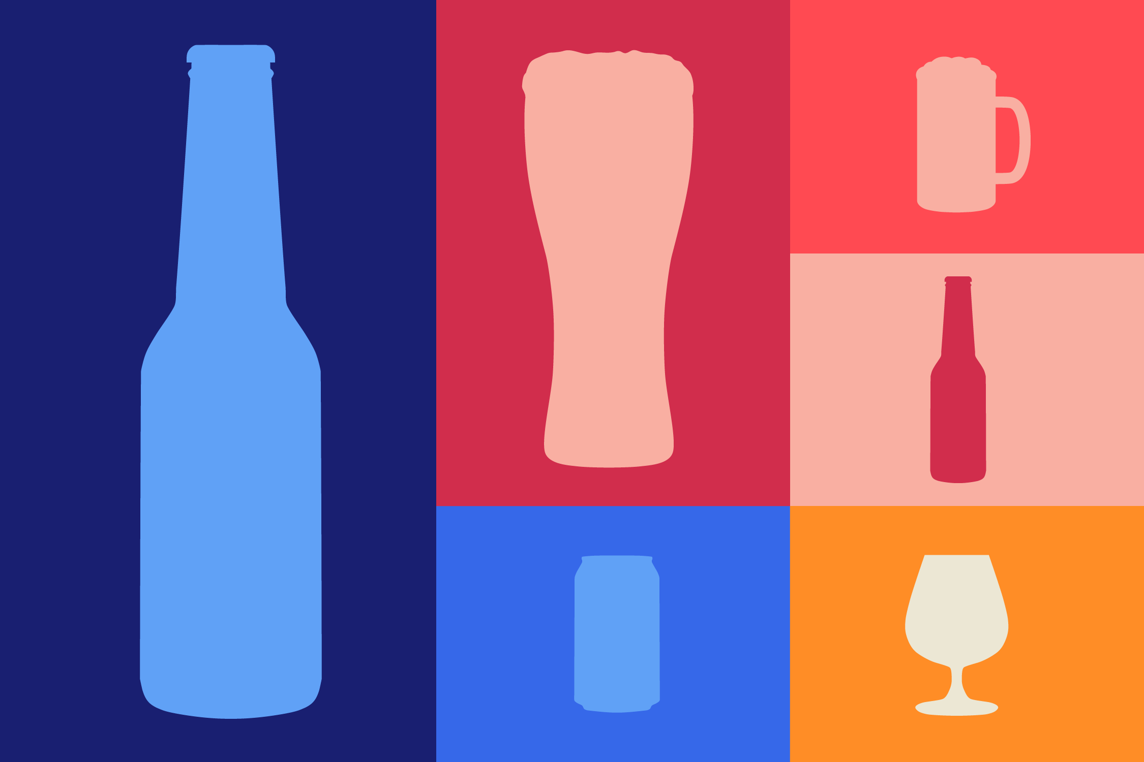 A colorful graphic features various drinks. It includes a blue bottle on a dark blue background, a pink pint glass on a red background, a pink mug on a pink background, a red bottle on a light pink background, a blue can on a blue background, and a yellow wine glass on an orange background.