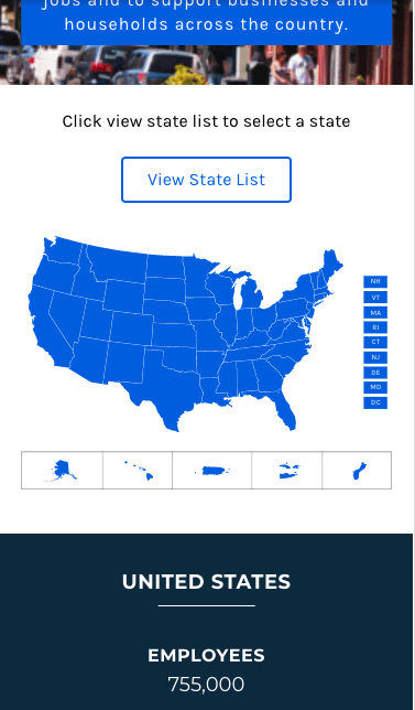 Map of the United States with clickable state list button labeled "View State List." Below the map, the text reads "UNITED STATES" with "EMPLOYEES 755,000" underneath. Small maps of U.S. territories are also shown.