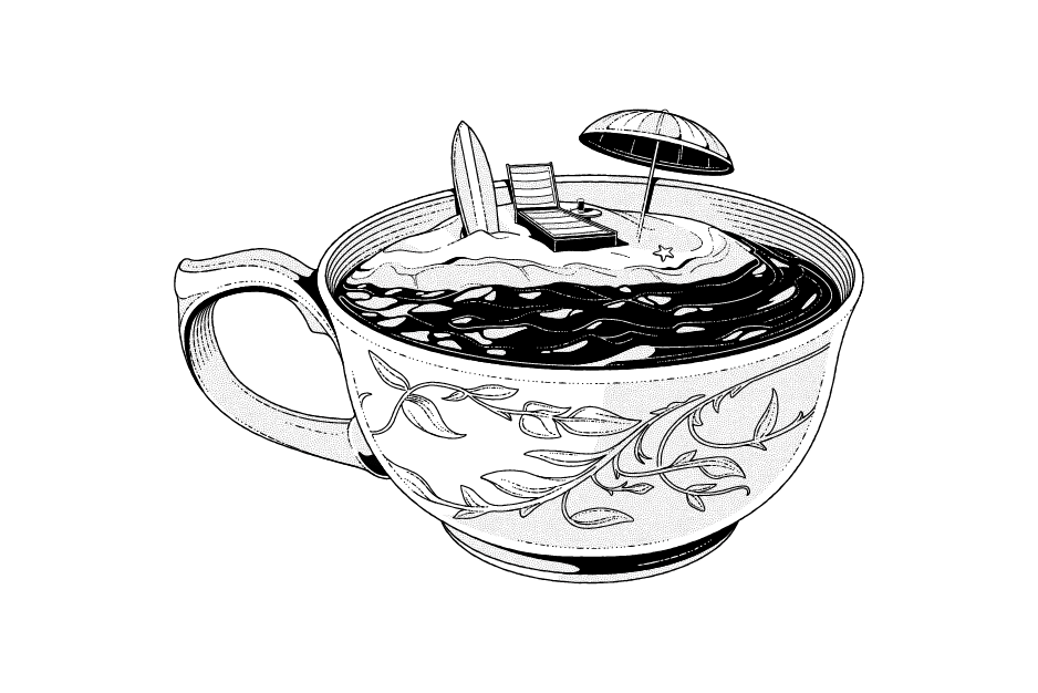 Illustration of a teacup filled with a dark liquid. Inside the cup, there's an island with a lounge chair, a beach umbrella, and two surfboards planted in the sand, creating a whimsical scene. The teacup has a floral pattern on the exterior.