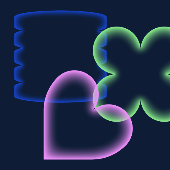 Abstract digital artwork featuring three luminous shapes against a dark background. A blue cylinder with curved indentations, a green clover-like form overlapping a violet heart shape. The shapes have a soft, glowing effect with a gradient of colors.