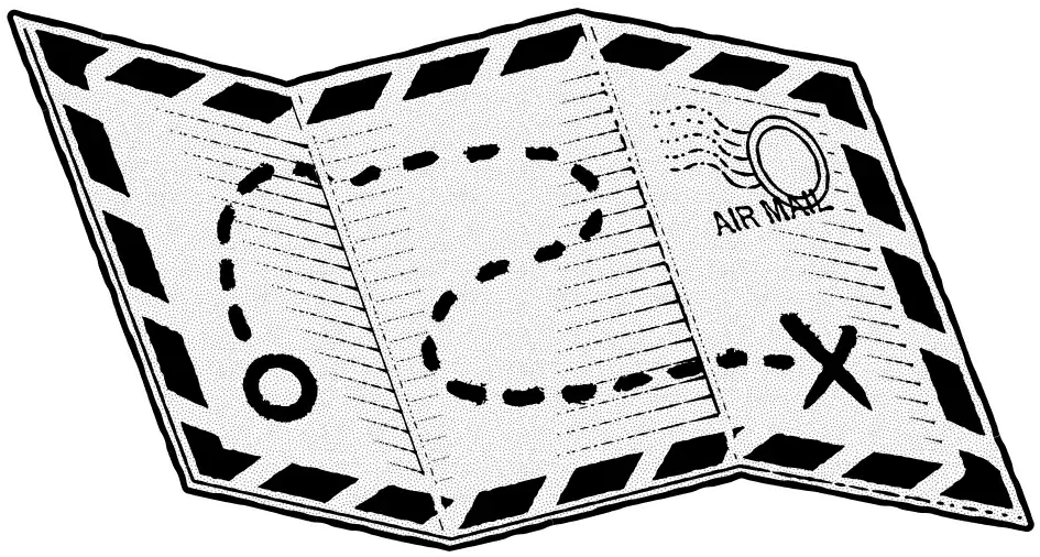 A black and white illustration of an airmail envelope folded open, resembling a map. The map shows a dotted path from a circle ("O") on the left to an "X" on the right, indicating a marked destination.