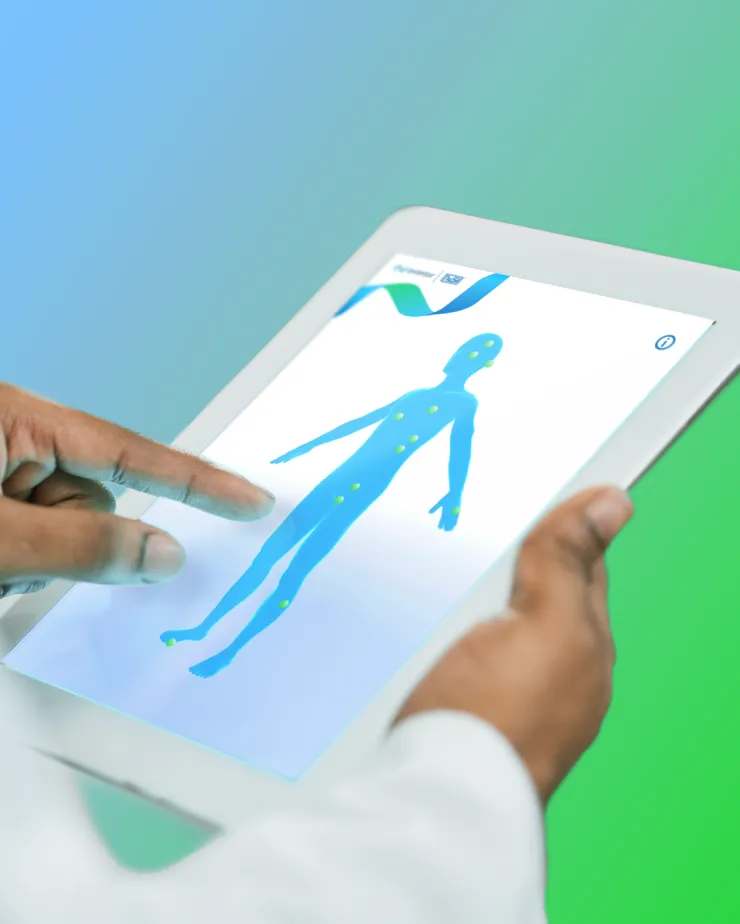 A person holding a tablet with a blue silhouette of a human body displayed on the screen. The silhouette has several highlighted points across its body, suggesting an analysis or mapping function. The background of the image is a gradient of blue to green.
