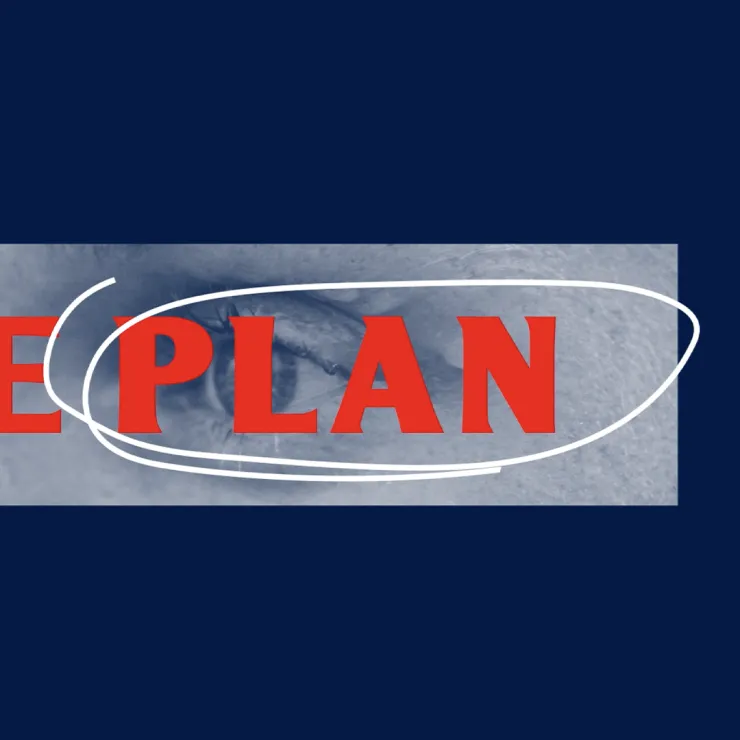A blue and gray image with the word "PLAN" in bold, red letters at the center. The word is encircled by a white, hand-drawn oval shape.