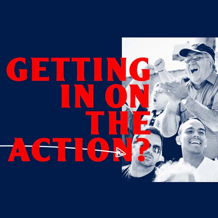 A group of people is cheering enthusiastically with smiles and applause. The text overlay reads, "GETTING IN ON THE ACTION?" in bold red letters on a dark blue background. The image captures the excitement and energy of the moment.