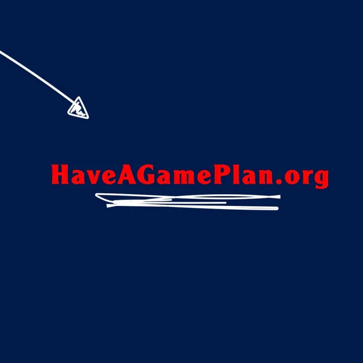 A dark blue background with the red text "HaveAGamePlan.org" highlighted by white underline markings. An arrow pointing towards the text is drawn in white from the top left corner.