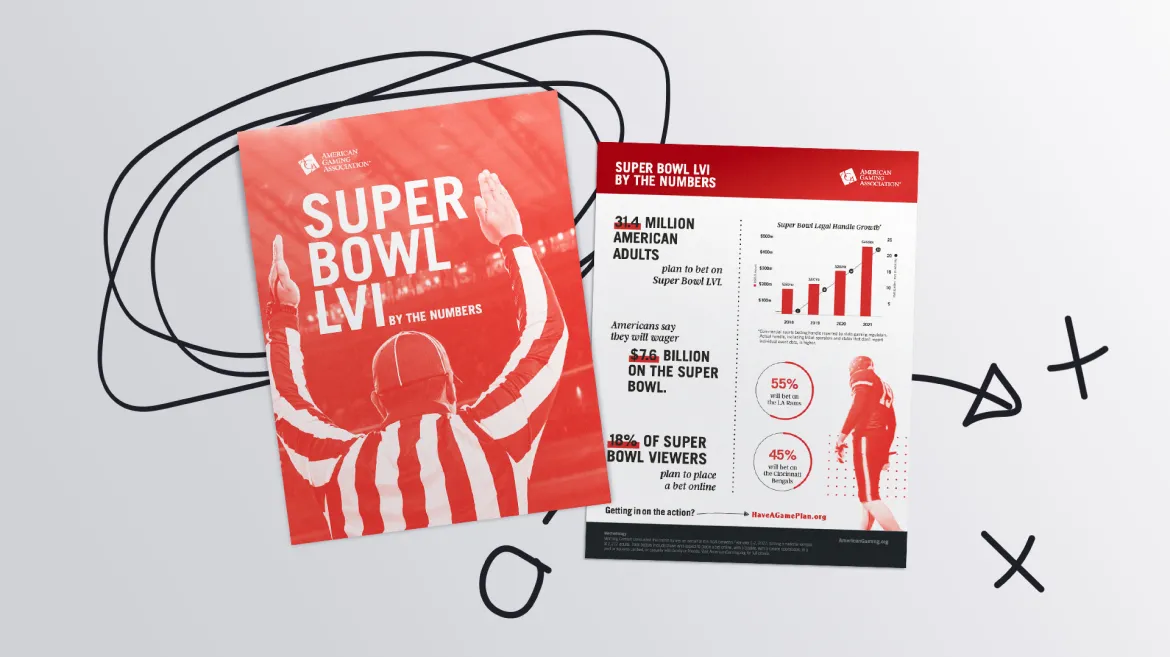 A flyer and infographic titled "Super Bowl LVI By The Numbers" with red and white background. The flyer features a referee raising his hands, and the infographic has statistics on viewership and spending. Both papers are placed on a light surface with a play diagram underneath.