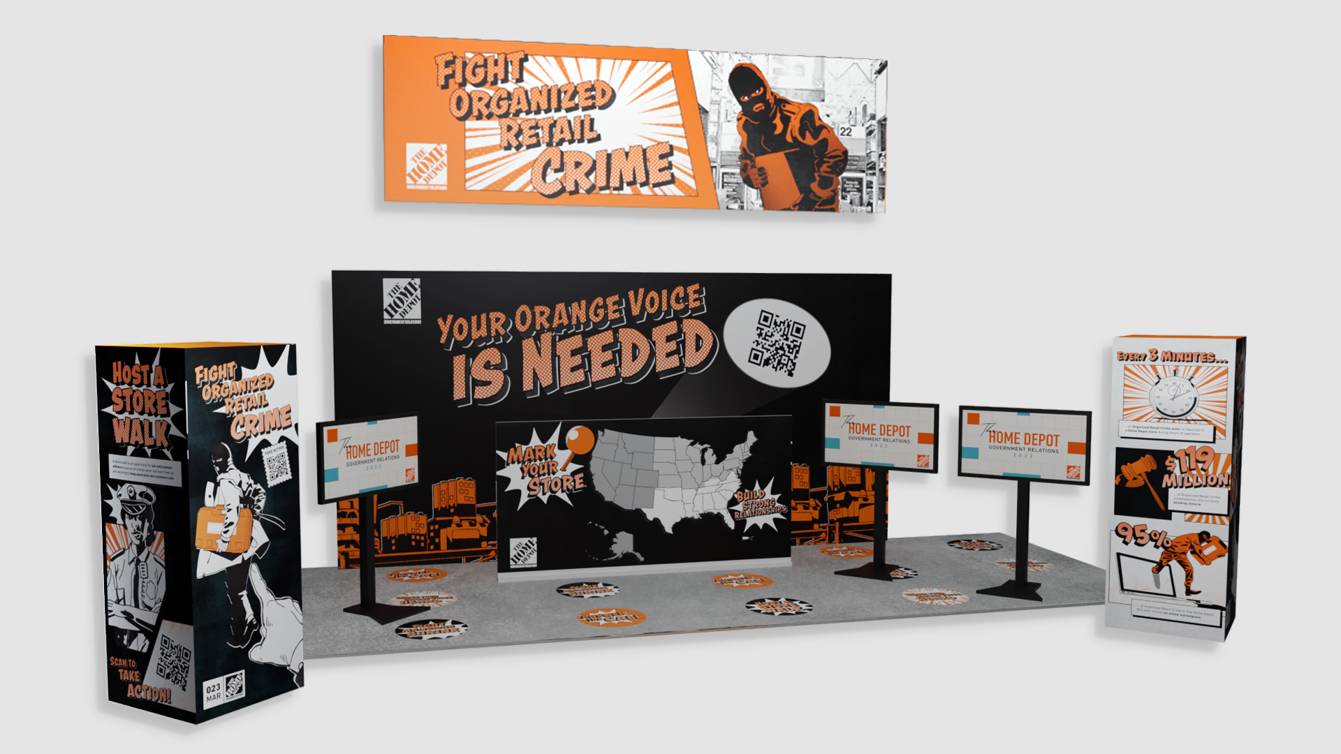 A display booth from Home Depot advocating against organized retail crime. The setup features bold text, a map, QR codes, images of a person in an orange apron, and multiple signs. Slogans include "Your orange voice is needed" and "Fight Organized Retail Crime.