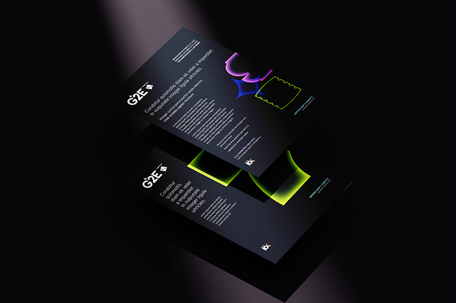 Two overlapping dark-themed promotional flyers lay on a black surface under a spotlight. The flyers feature neon geometrical designs and white text detailing an event named GIZ. The content appears to be invitation or event information, with the focus on a modern, sleek aesthetic.