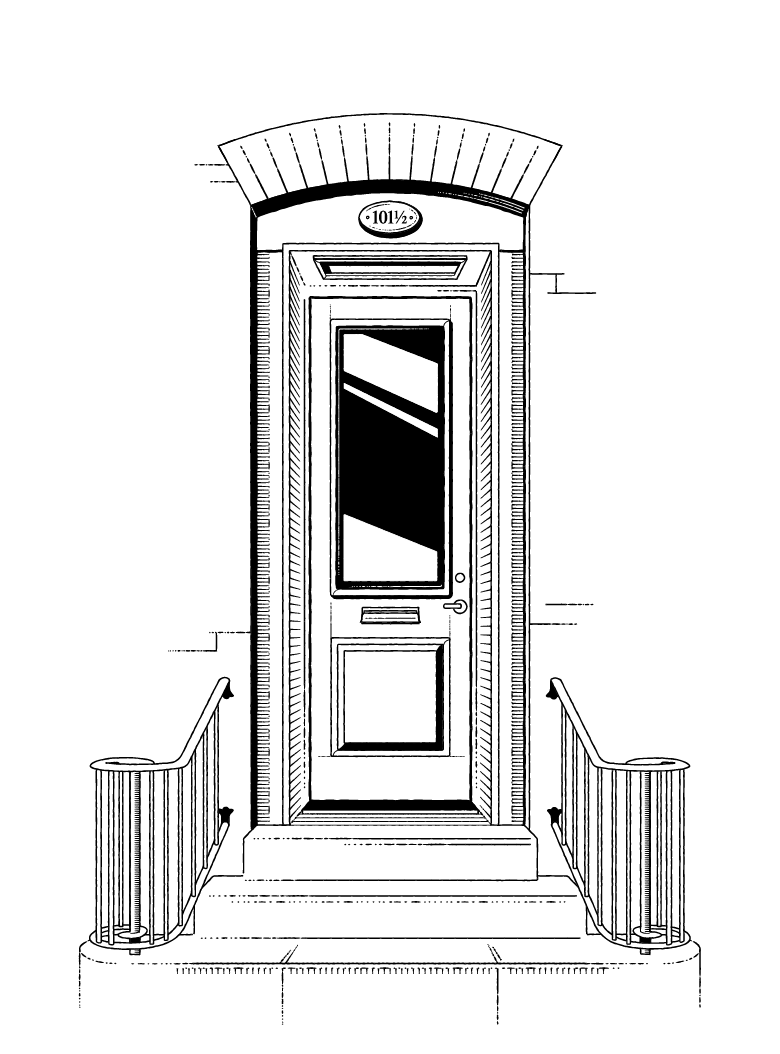 Black and white illustration of a narrow, arched doorway labeled "101 1/2". The door has a small rectangular window and a mail slot. Metal railings flank steps leading up to the entrance, giving the overall appearance of an old-fashioned or whimsical door.