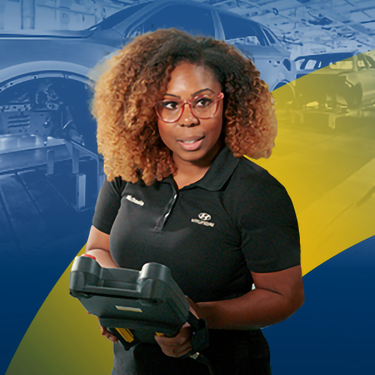 A woman with curly hair, wearing glasses and a black polo shirt, holds a diagnostic tool in a car manufacturing plant. The background features images of cars being assembled on a production line with a blue and yellow gradient overlay.