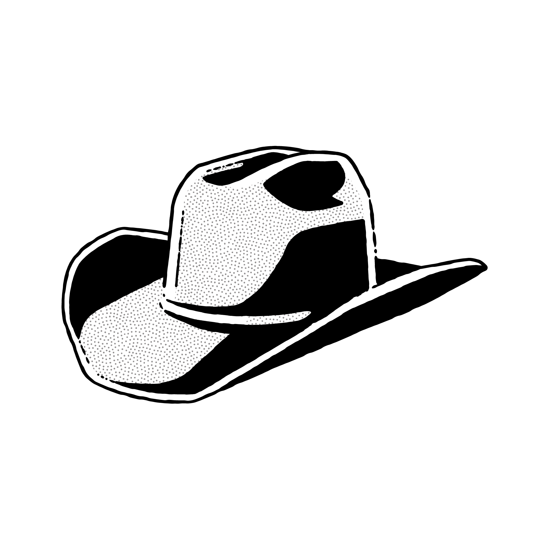 A black and white illustration of a cowboy hat with a wide brim and a high crown. The image has a textured, stippled shading style, giving it a rustic and classic look, set against a plain black background.