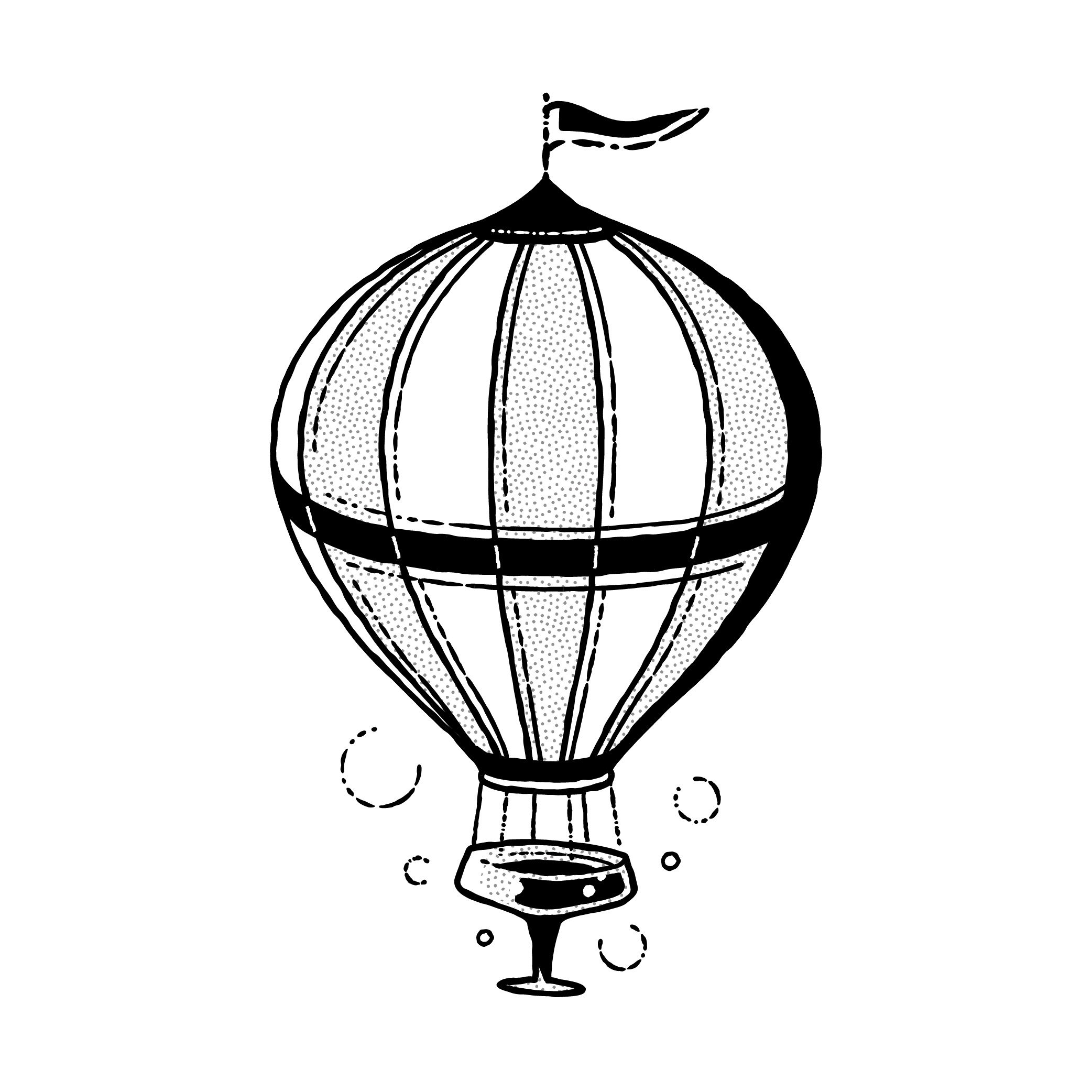 A black and white illustration of a hot air balloon. The balloon features vertical stripes and a basket beneath it. A small bird is perched on top of the balloon. The entire image has a textured, dotted pattern.