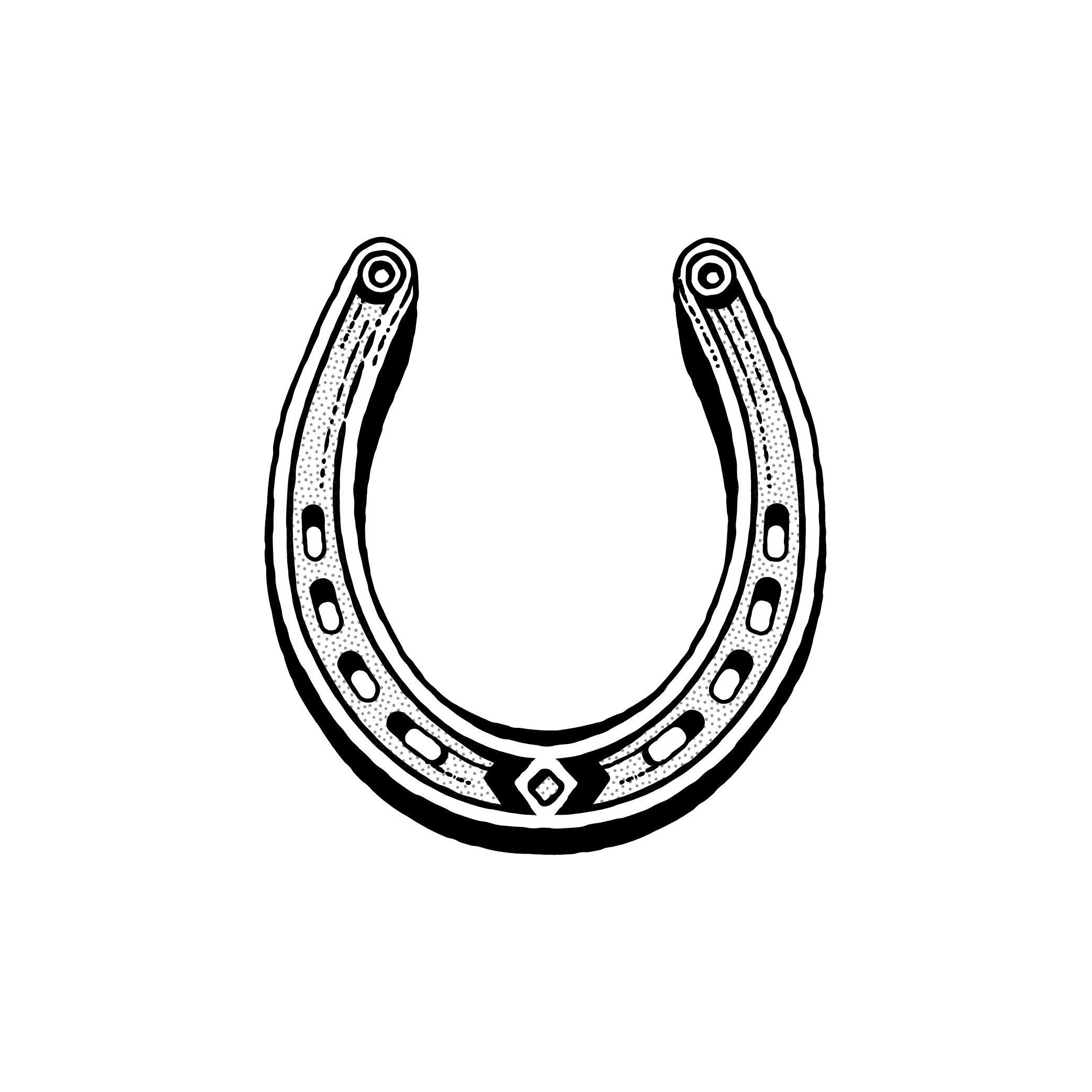 A black and white illustration of a horseshoe oriented with its open end facing upwards. The design includes detailed markings and holes where nails typically attach it to a horse's hoof. The background is solid black, enhancing the horseshoe's intricate details.