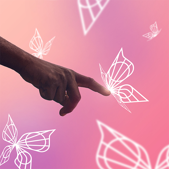 A hand with an extended index finger touches a glowing, semi-transparent butterfly on a pink and purple gradient background. Other white, geometric butterflies float around, creating a whimsical and surreal atmosphere.