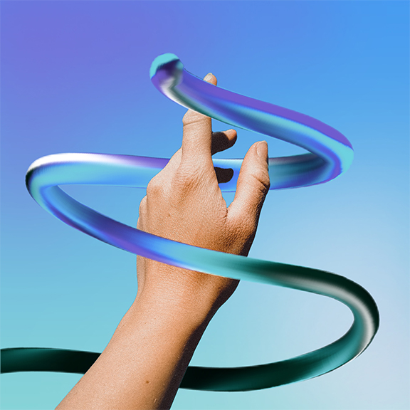 A hand with fingers partially curled is enveloped by a swirling, ribbon-like, colorful structure against a gradient blue and purple background, giving a surreal and abstract visual effect.