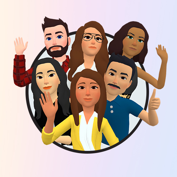 A group of six diverse cartoon avatars stands together in a circular frame against a gradient background. They are all smiling and waving. The top row has three avatars, and the bottom row has three avatars. The middle avatar at the bottom is wearing a yellow sweater.