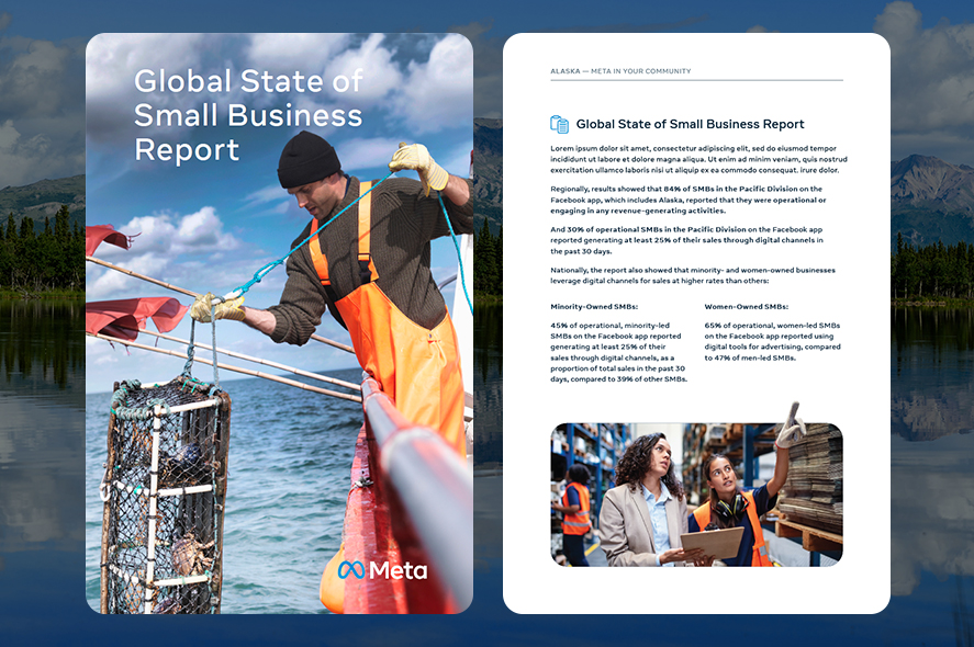 A two-page spread for Meta's Global State of Small Business Report. The left page shows a fisherman hauling a lobster trap on a boat. The right page displays the report's title, brief summary, and an image of two people discussing business, accompanied by various charts and text.