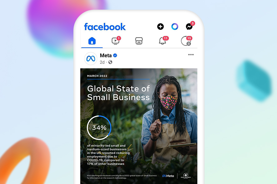 A smartphone screen displays a Facebook post by Meta. The post features a report titled "Global State of Small Business" and includes a woman wearing a colorful face mask. A statistic of "34%" is highlighted. The background is softly blurred with pastel colors.
