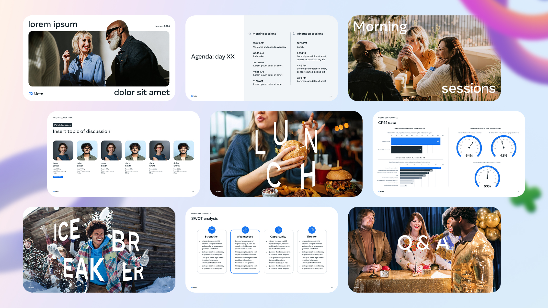 A collage of eight slides from a presentation. The slides include images of people, text, and charts. Some slides feature topics like "Morning sessions," "Lunch," "ICE BREAKER," "Agenda," "CRM data," "Discussion," "SWOT analysis," and "Q&A sessions.